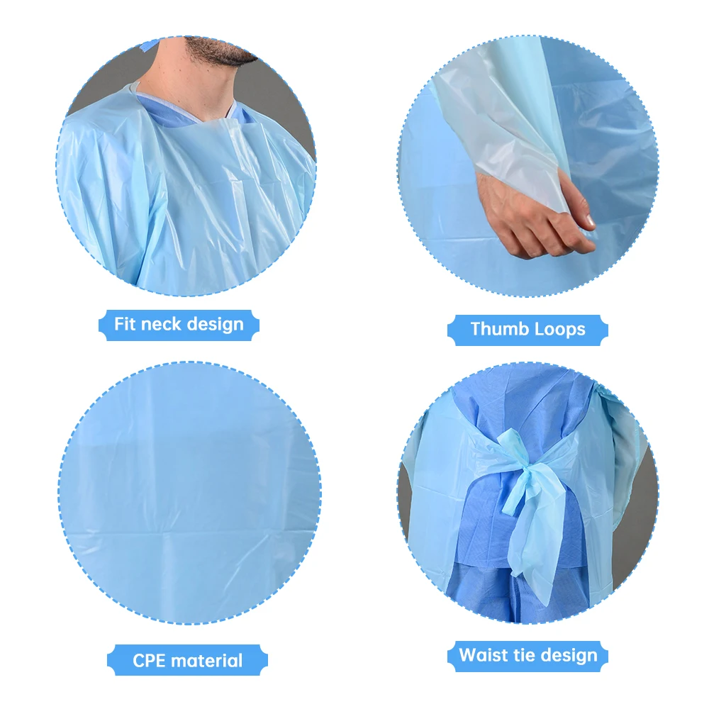 Blue & White disposable waterproof Plastic patient cpe gown with rubber rolled cuff Available in standard and reinforced