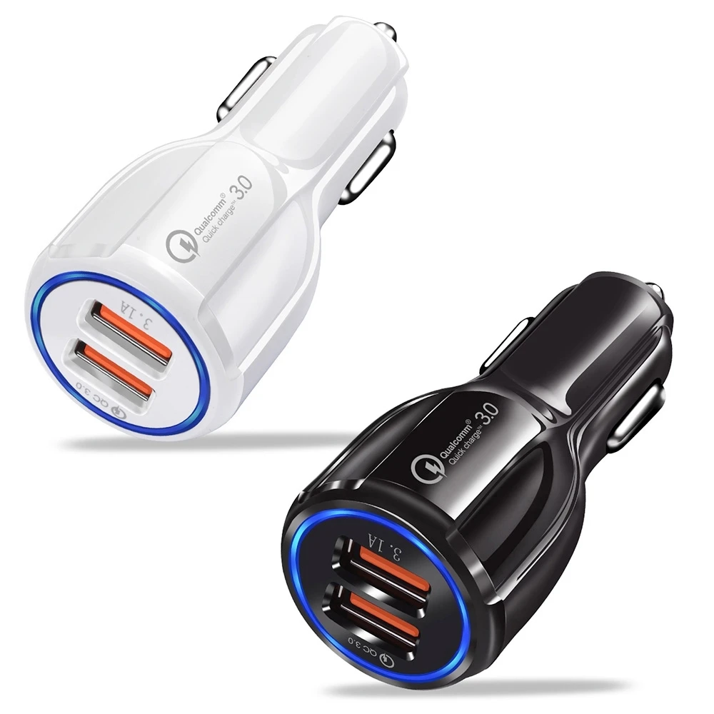 Wholesale 2 ports USB QC3.0 18W fast charging 3A dual port USB car charger for iphone cable