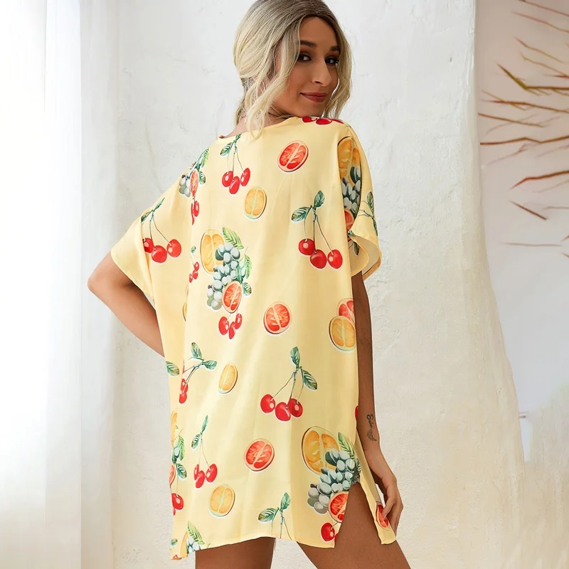 
2021 summer leisure bat sleeve sunscreen printing breathable girl Chiffon Beachwear Bikini cover up dress 