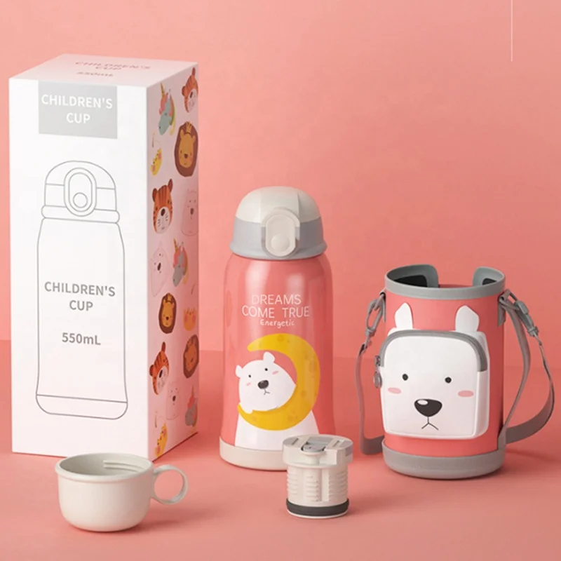 Kid Water Bottle 500ml  Vacuum Cup  With Straw Wholesaler For Outdoors Student Water Cup Lovely Cartoon With Cup Set