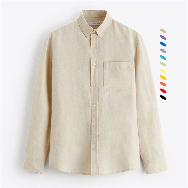 Custom button down collar long sleeve plain linen shirt with chest patch pocket
