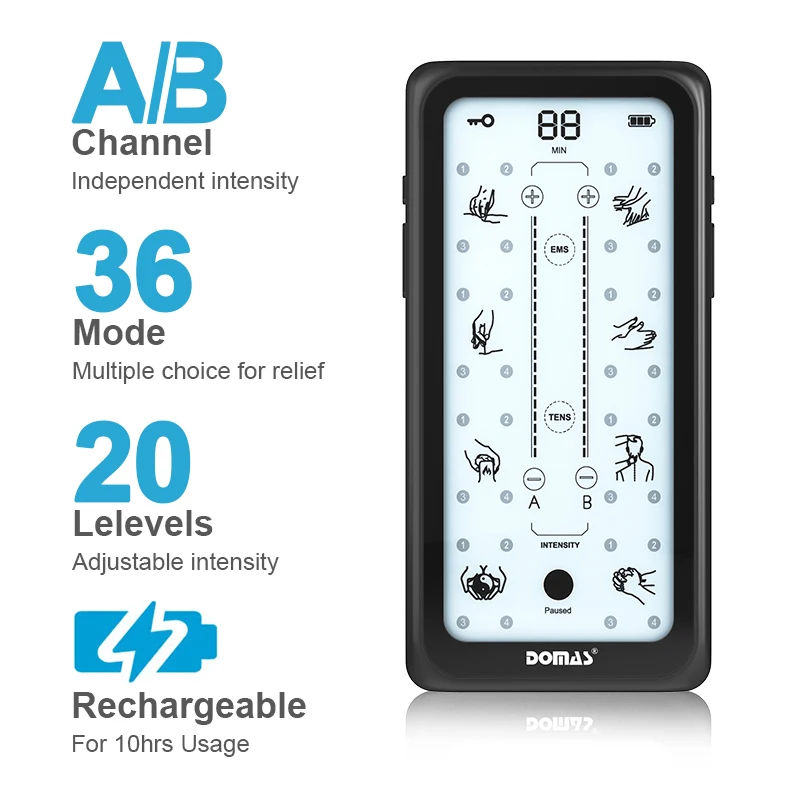 DOMAS Dual Channel Acupuncture Touch Screen Home Use Body Plus Massager Pain Relief Unit Electric Ems Tens Massager