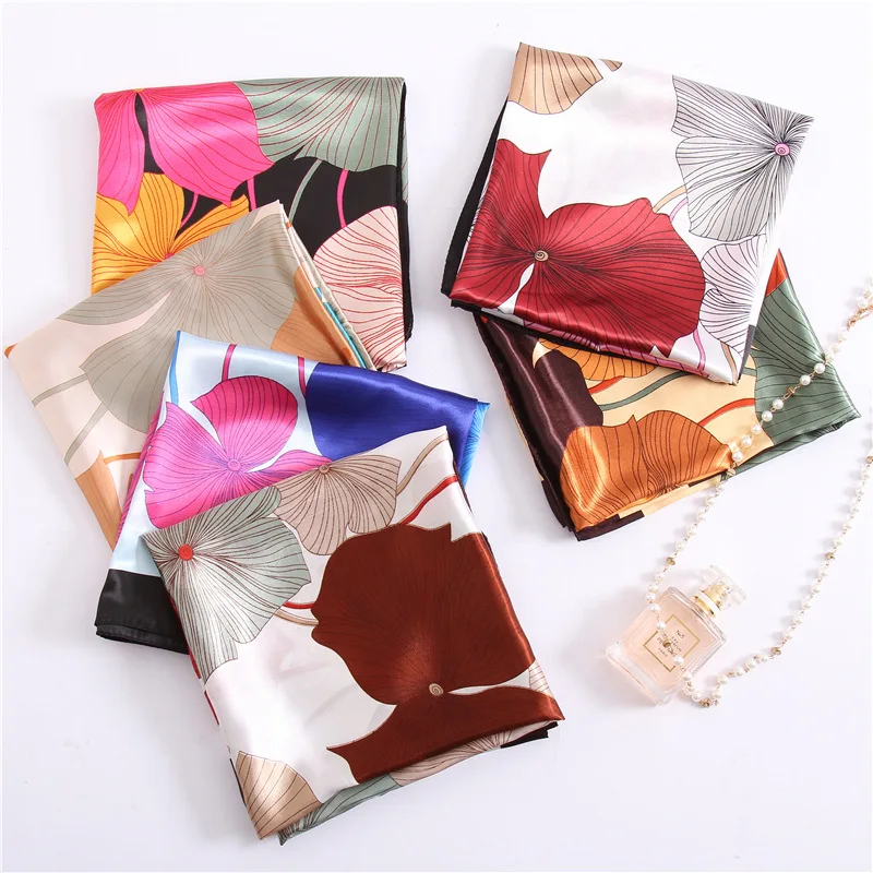 2025  New Satin Peony Flower Hot Sale Fresh Lotus Leaf Pattern Fashion New 90x90 square Satin Scarf Printing Silk Scarf