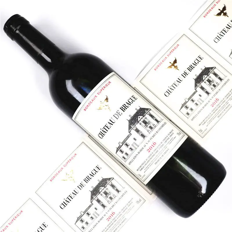 Custom Printing Uv Spot Gold Foil Embossed Logo Premium Adhesive Textured Paper Sticker Glass Red Wine Bottles Sticker Label