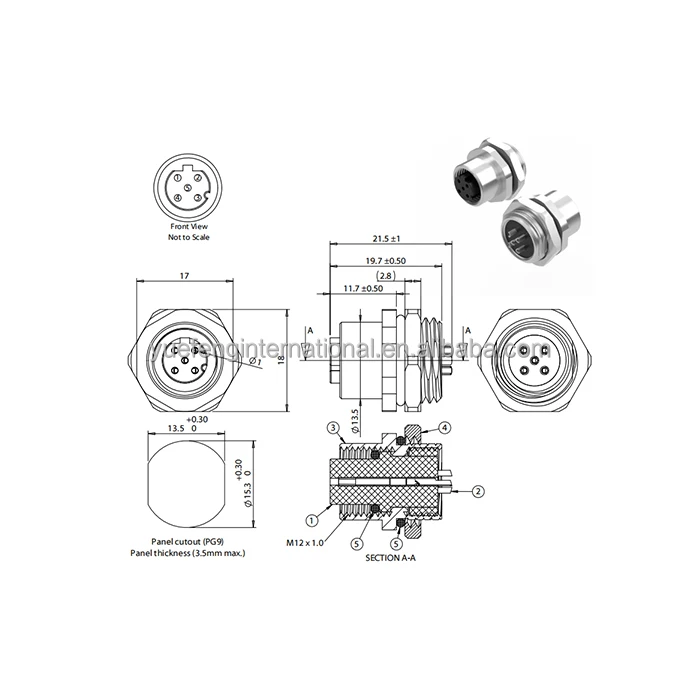 CE RoHS High-quality Factory Wholesale Gold Plated Connector 5pin M12 D code Shielded Socket Rear Panel Mount Solder Cup IP67