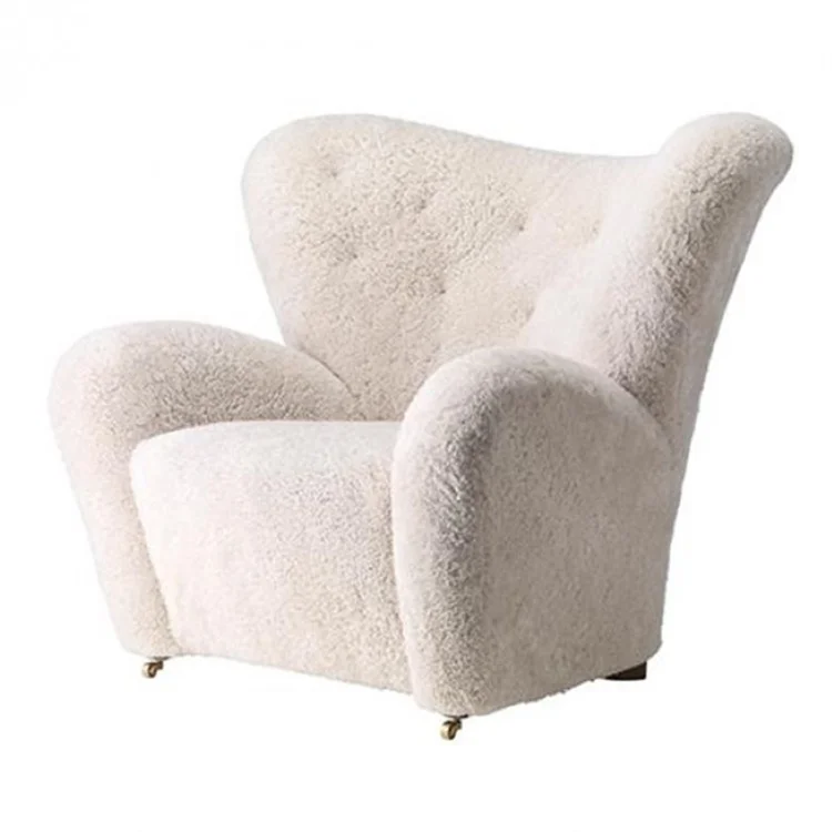 European Luxury White Fake Sheep Chair Sofa ArmChair Fabric Sheep Skin Lounge Fur Plush Cover Wing Back Boucle Accent Chair