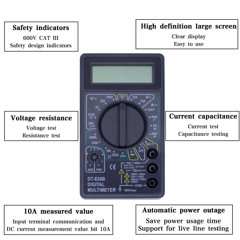 LCD Digital Multimeter AC/DC 750/1000V Digital Mini Multimeter probe For Voltmeter Ammeter  Tester Meter Voltage Current DT-830B