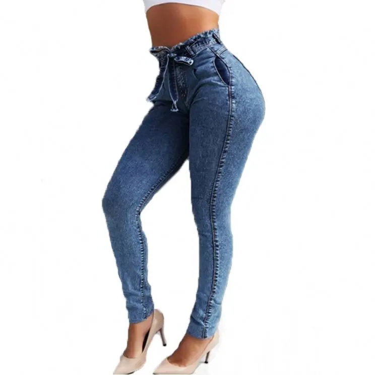 China Manufacturer New Design Women Blue Button Colombian Jeans Skinny Lift Butt High Waist Denim Pants