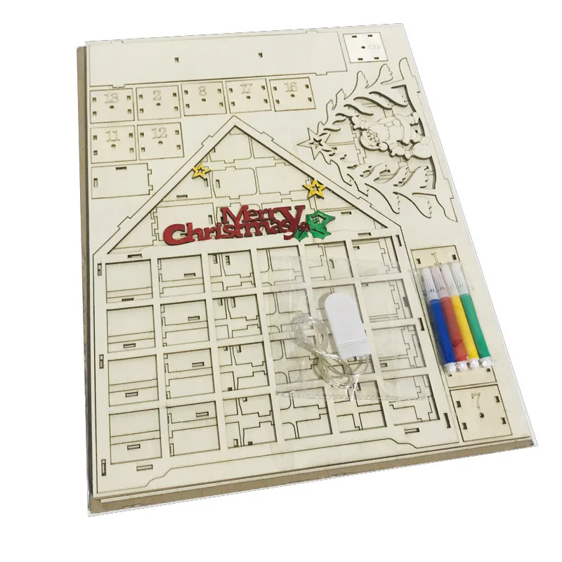 Creative LED Rotating Music 24 Countdown Christmas Calendar Drawer Calendar Wooden House  Christmas Decor