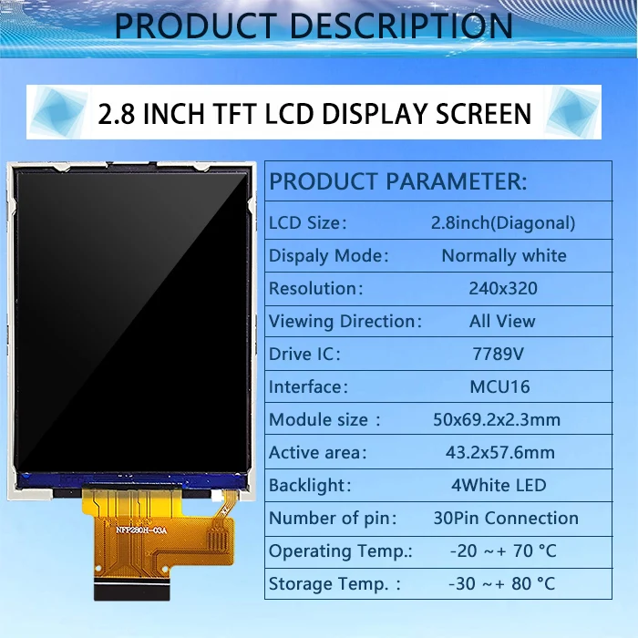 2.8 Inch 240x320 Resolution TFT Color Screen All View Direction MCU 16 bit Interface NFP280C-02A 30 Pins LCD Display Panel