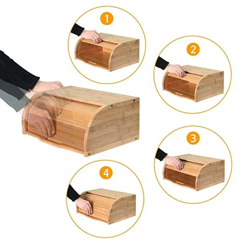 Large Capacity Bamboo Bread Box Roll Top and Removable Layer Food Storage Container Bamboo Storage Holder