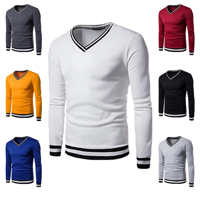Knitted Jumpers Autumn Winter Mens V-Neck Long Sleeve Stitching pullover Sweater Knitted Jumpers