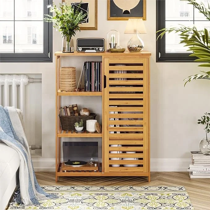 Bathroom Storage Bamboo Floor Cabinet Organizer with Door 3-tier Open Shelf Multipurpose Closed Compartments Kitchen Living Room
