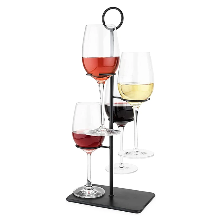 JH-Mech Tasting Carrier Kit Holds 4 Wine Glasses Modern Serving Stand Holder Carbon Steel Black Cocktail Tree Stand Display