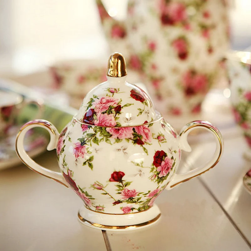 European Fine Bone China Coffee Set Floral Ceramic Cup and Saucer Sugar Milk Tea Pot 15 Pieces English Afternoon Tea Set