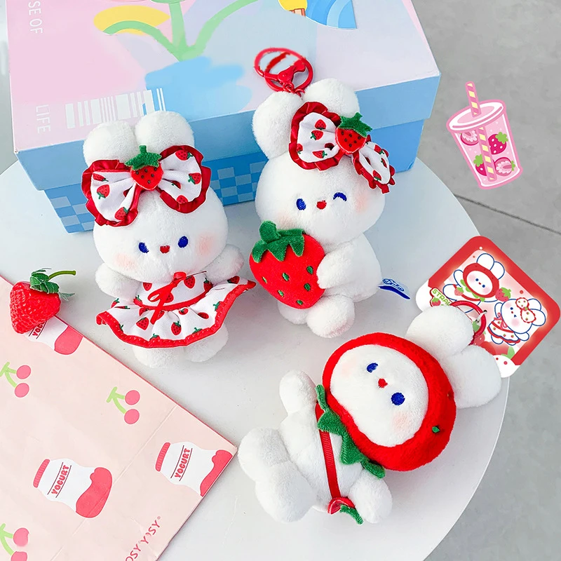 .Wholesale Customized Plush Animal Toy Pendant Creative Cartoon Strawberry Rabbit Plush Doll Keychain  christmas gift ideas