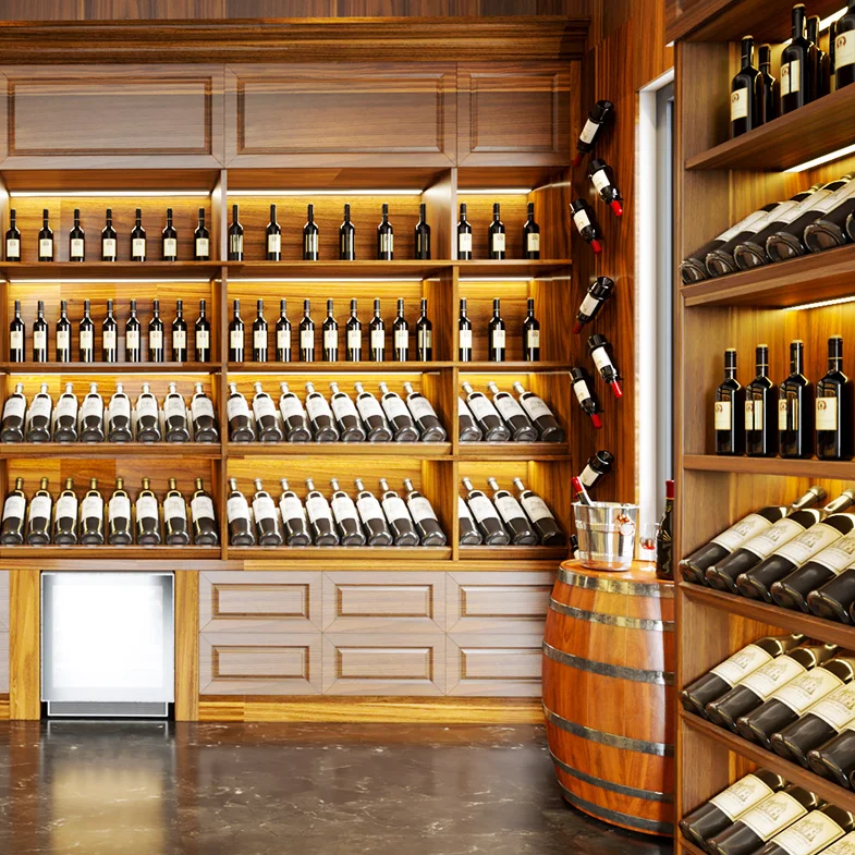 Retail Wine Shop Interior Display Decoration Wine Store Custom Wooden Metal Wall Mounter Wine Sheif Smoke Display Stand