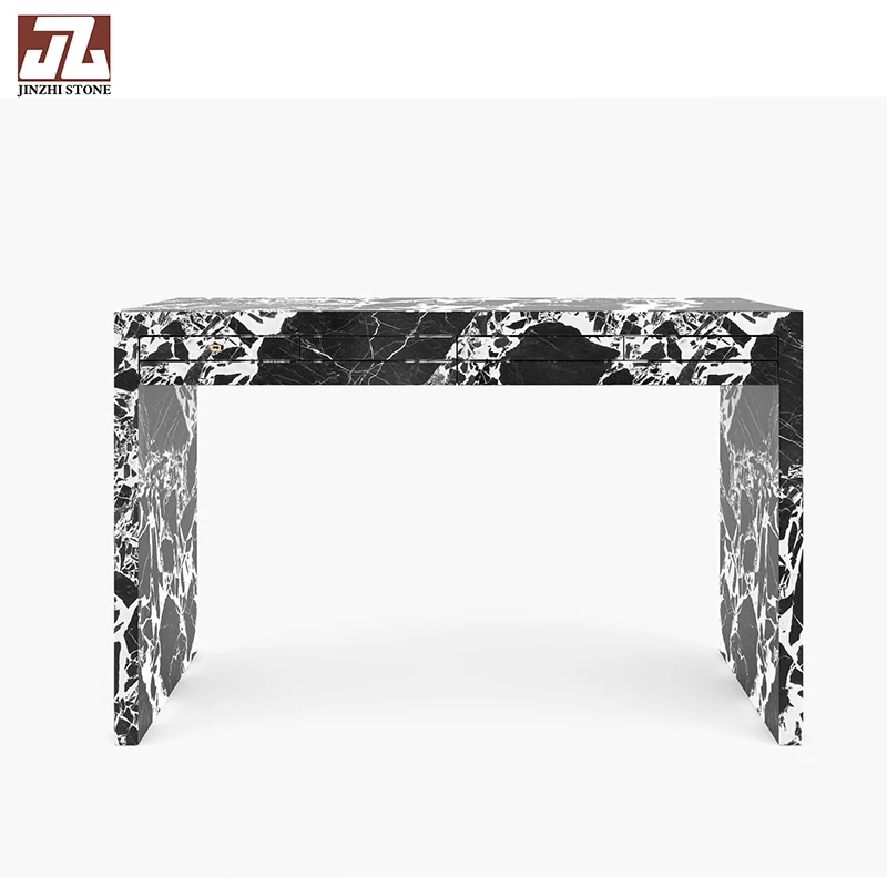 Modern Black Console Table with Travertine Handcrafted Bench Casual Fashion Design featuring Marble Table Top