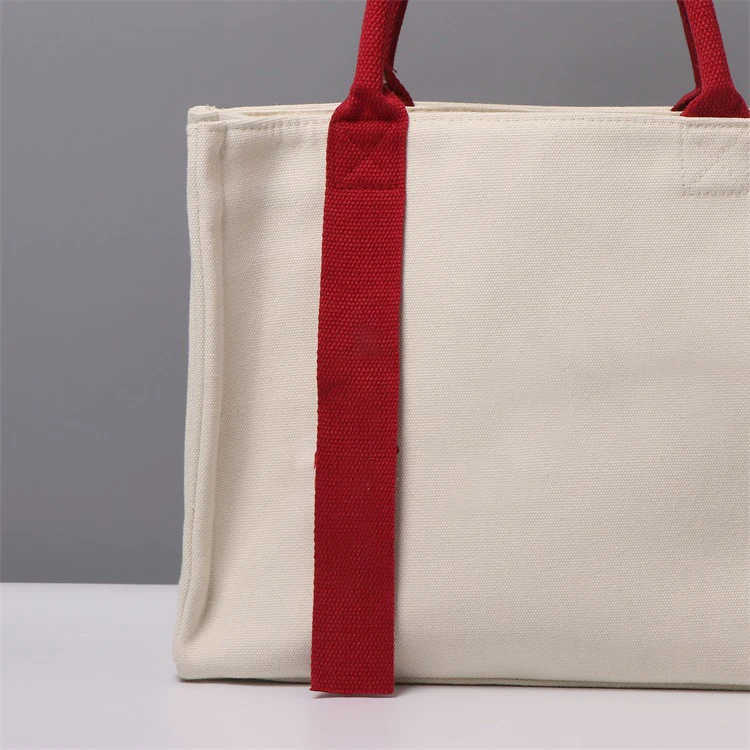 Heavy Duty Long Ribbon Thick Cotton Large Tote Bag Canvas Bags Plain Customized Canvas Bag With Zipper And Inner Pocket