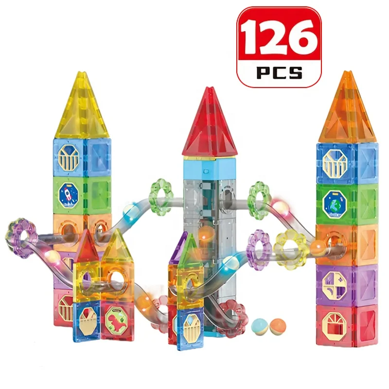 Factory Direct Wholesale Educational Toy DIY Assembly Magnetic Tiles Bricks Marble Run 3D Puzzle Magnet Castle Building Blocks