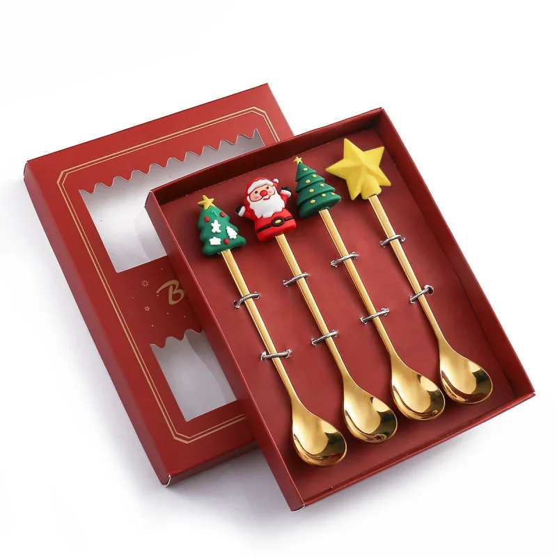 4pc 6pcs Cutlery Golden Spoon Set Christmas Coffee Spoon Gold Stainless Steel Metal Food Grade Christmas gift spoon set