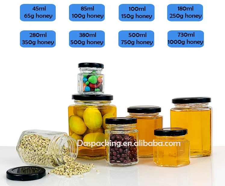
Hexagonal Jars 180ml 280ml 380ml 500ml JamJelly Honey Spice Jar Glass Containers with Gold Lids 