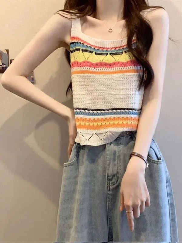 Cheap wholesale Summer Bohemia Rainbow striped knitted suspender vest women sweet cool hollow chic sleeveless top