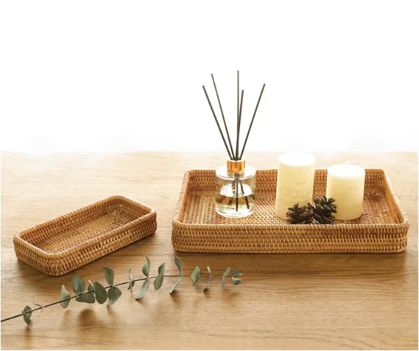 Best price Eco-friendly Set Natural Rattan Wicker Fruit Bread Tray Cosmetic Toiletries Snacks Storage Box Storage Basket