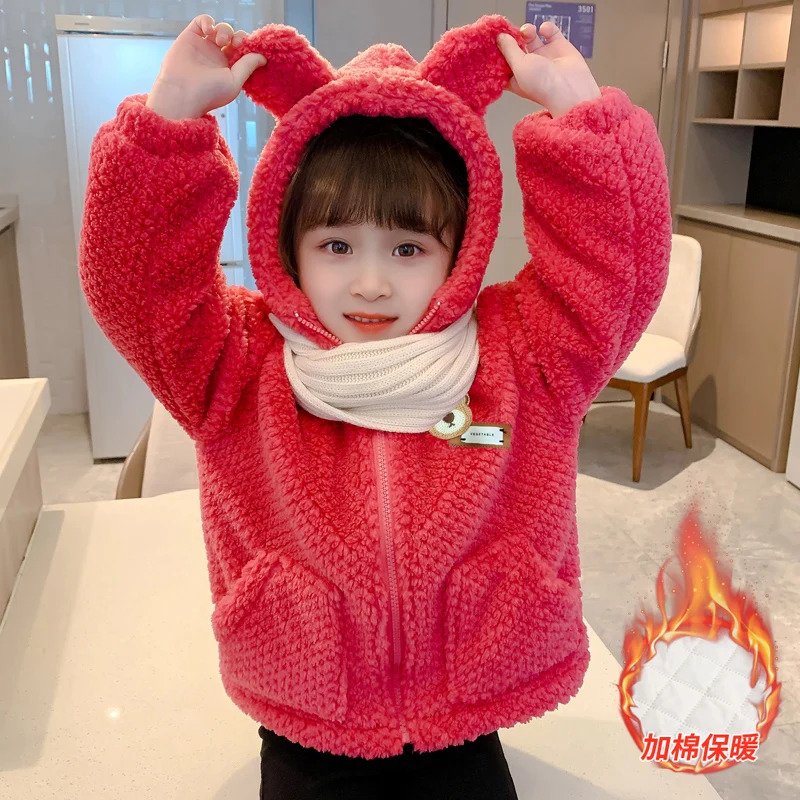 Wholesale Hooded Ears Zipper Pocket Solid Thicken Baby Kids Winter Coat Sweater For Girls