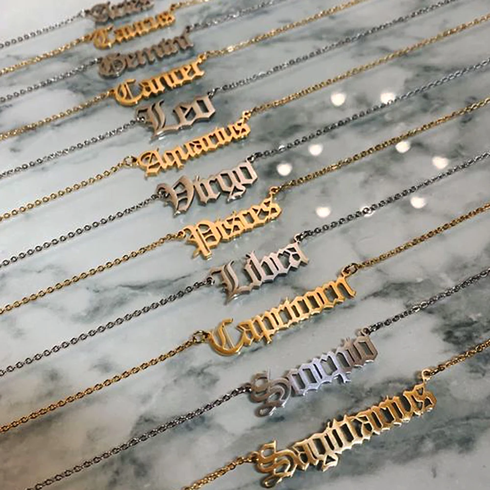 eManco Custom Gold stainless steel Letter 12 Zodiac Necklace women Constellation Chain Choker Necklace Jewelry for women Gift