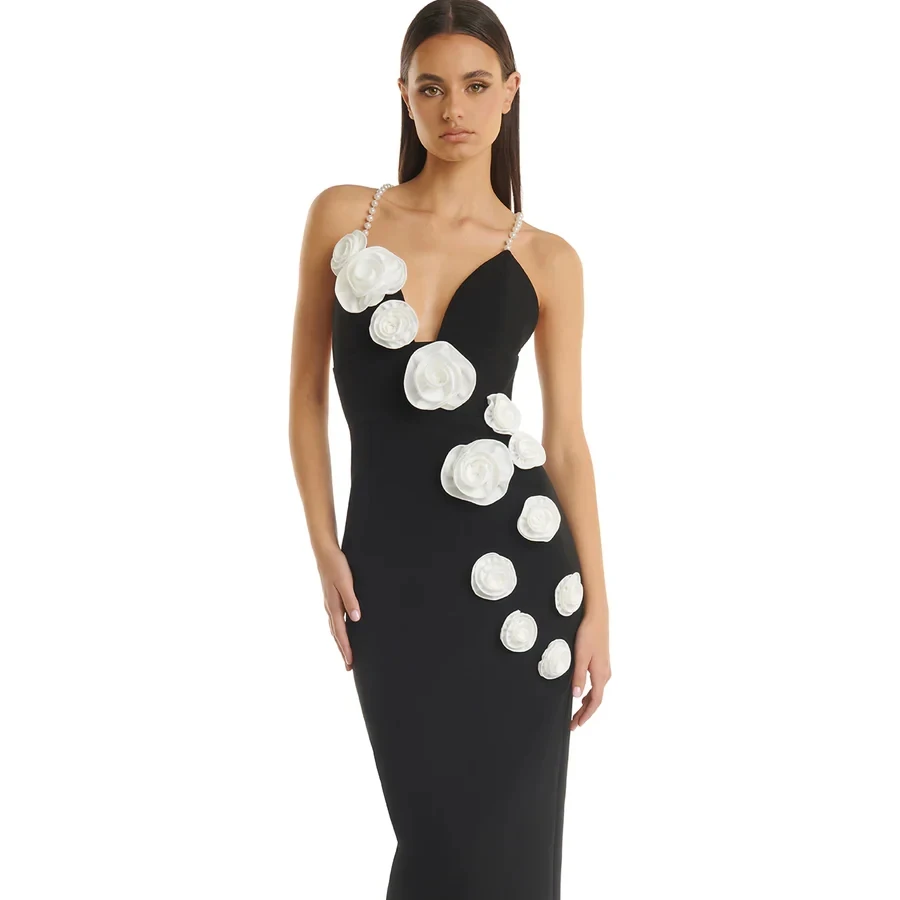 New Arrival Suspenders Pearl chain floral Design Bandage Dress Elegant Ladies Stylish Sexy Women  Casual  Party Evening Dress