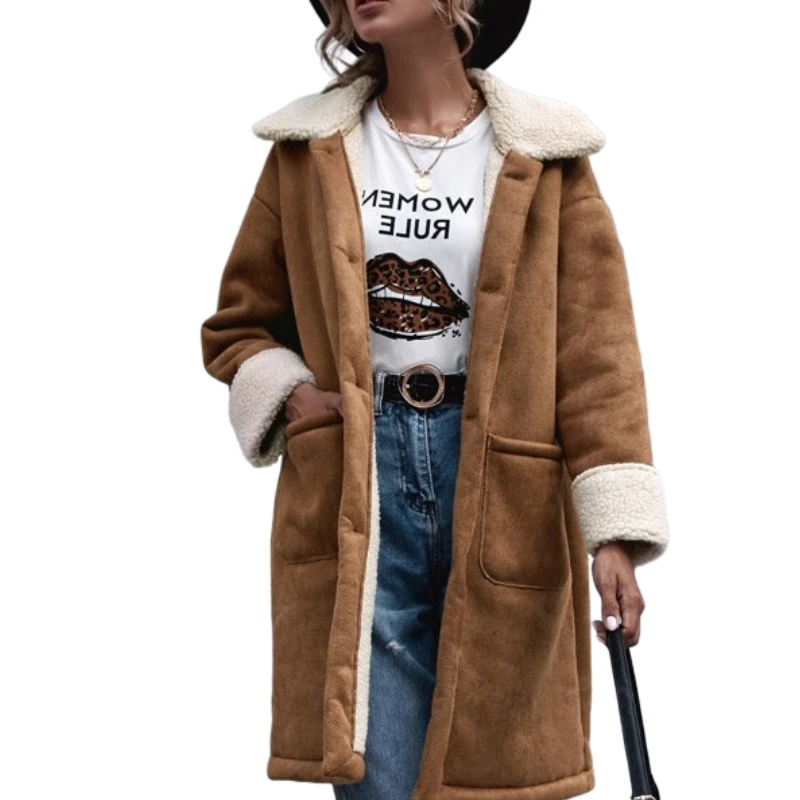 Женское длинное пальто с отложным воротником зимнее Элегантное повседневное большого размера для женщин