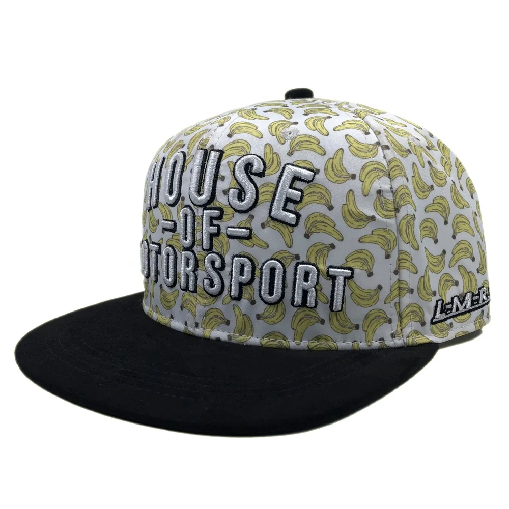 OEM customized banana sun caps for men two tones 3d embroidered woven tags full print sublimation custom logo snapback hats