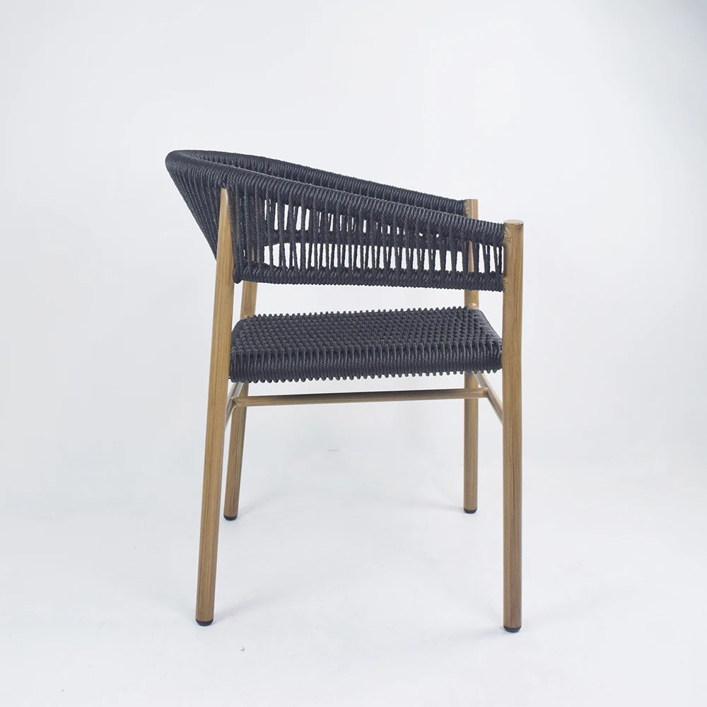 Black Aluminum Restaurant Cafe Chair Natural Woven Rattan Dining Seat for Patio Garden Hall Villa School Workshop