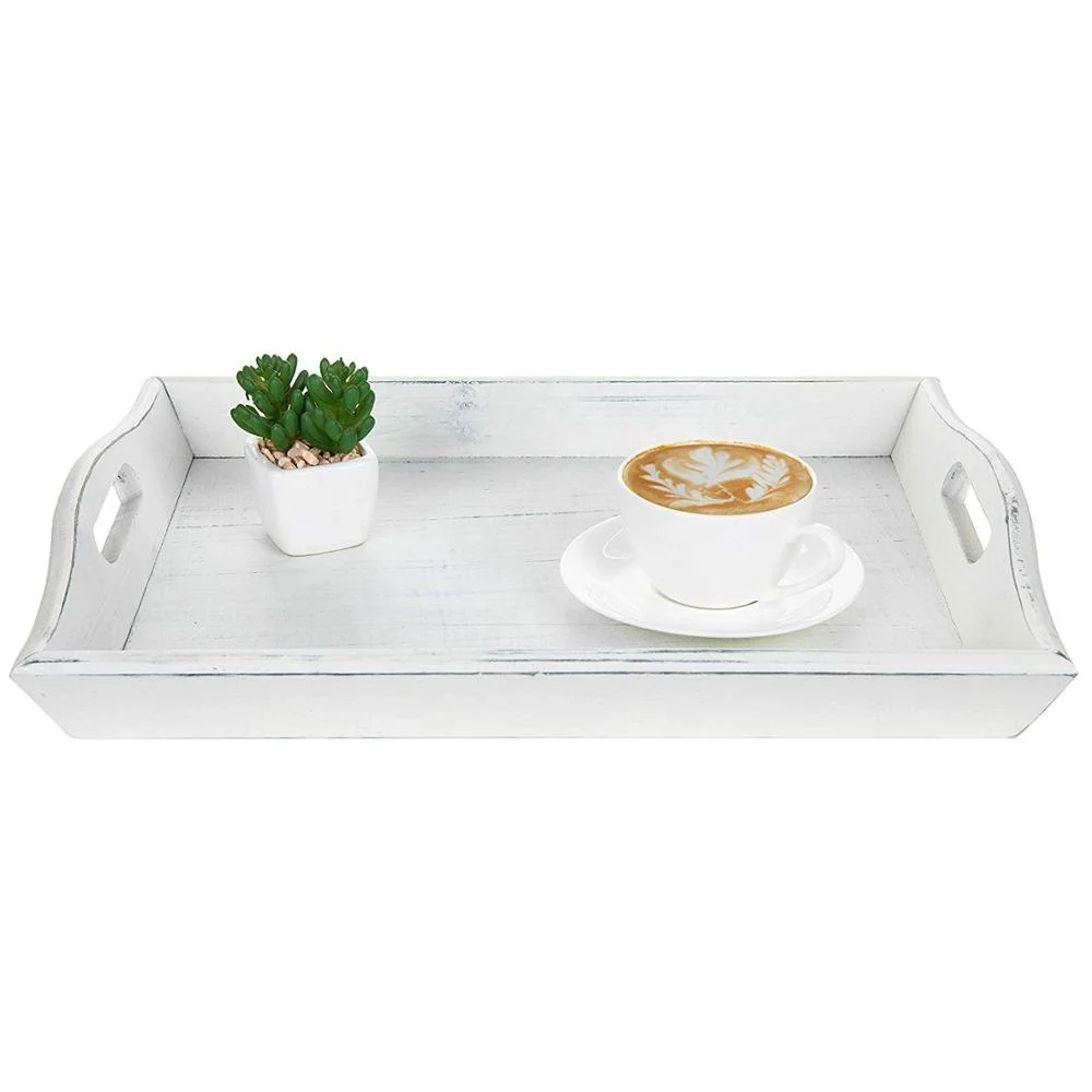 
Ottoman Tray 16-Inch Rustic Wooden Serving Tray With Handles Vintage White (IBEI hotsale product) 