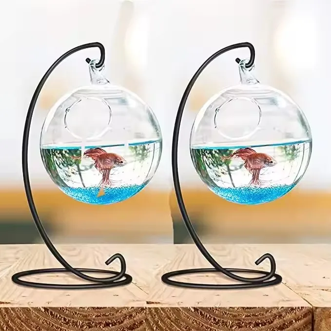 Decorative Small Glass Vase Creative Fish Tank Aquarium Fish Bowl with Heart Iron Holder