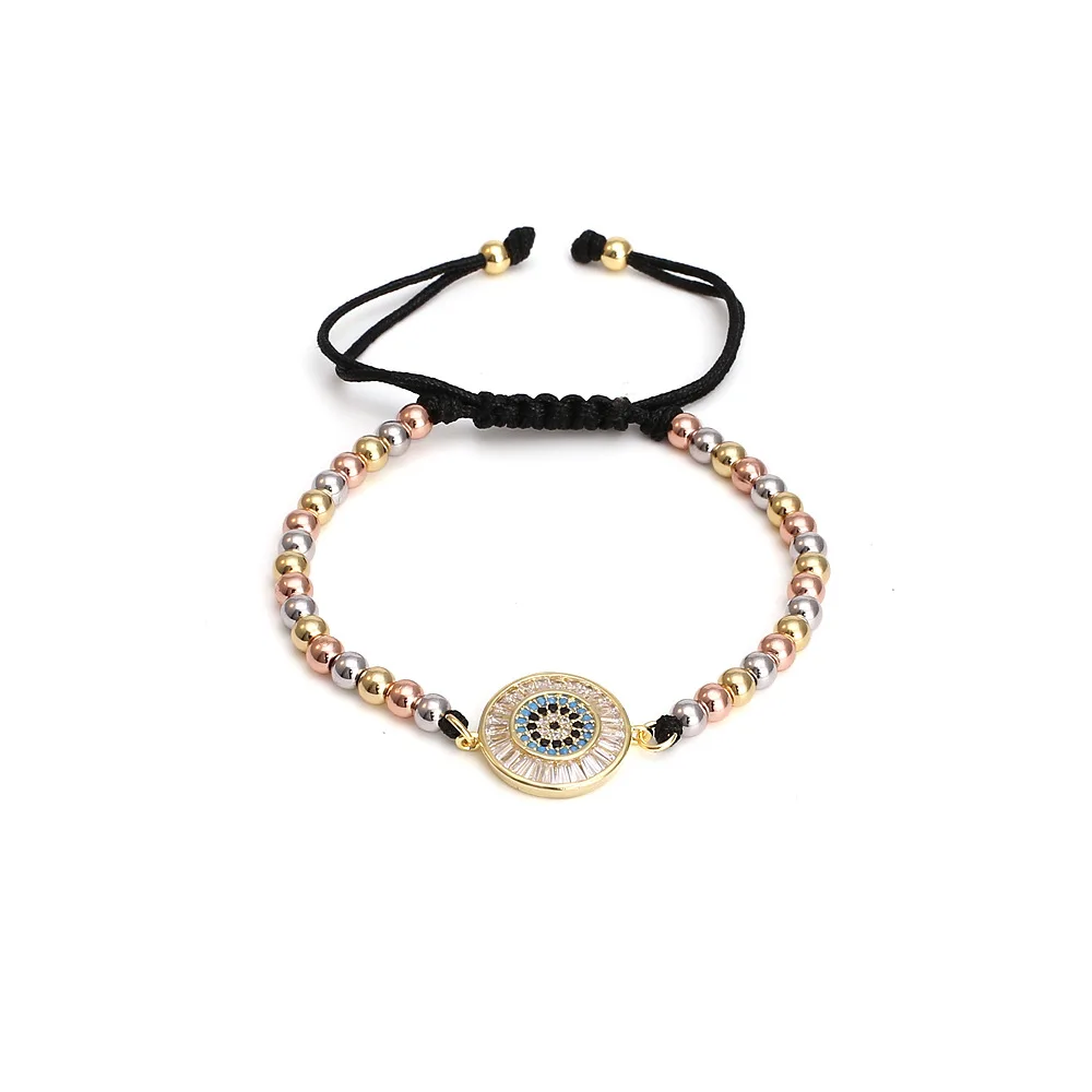 Statement Simple Micro Inlaid Diamond Evil Eye Bracelet Braided Gold Copper Bead Adjustable Bracelet