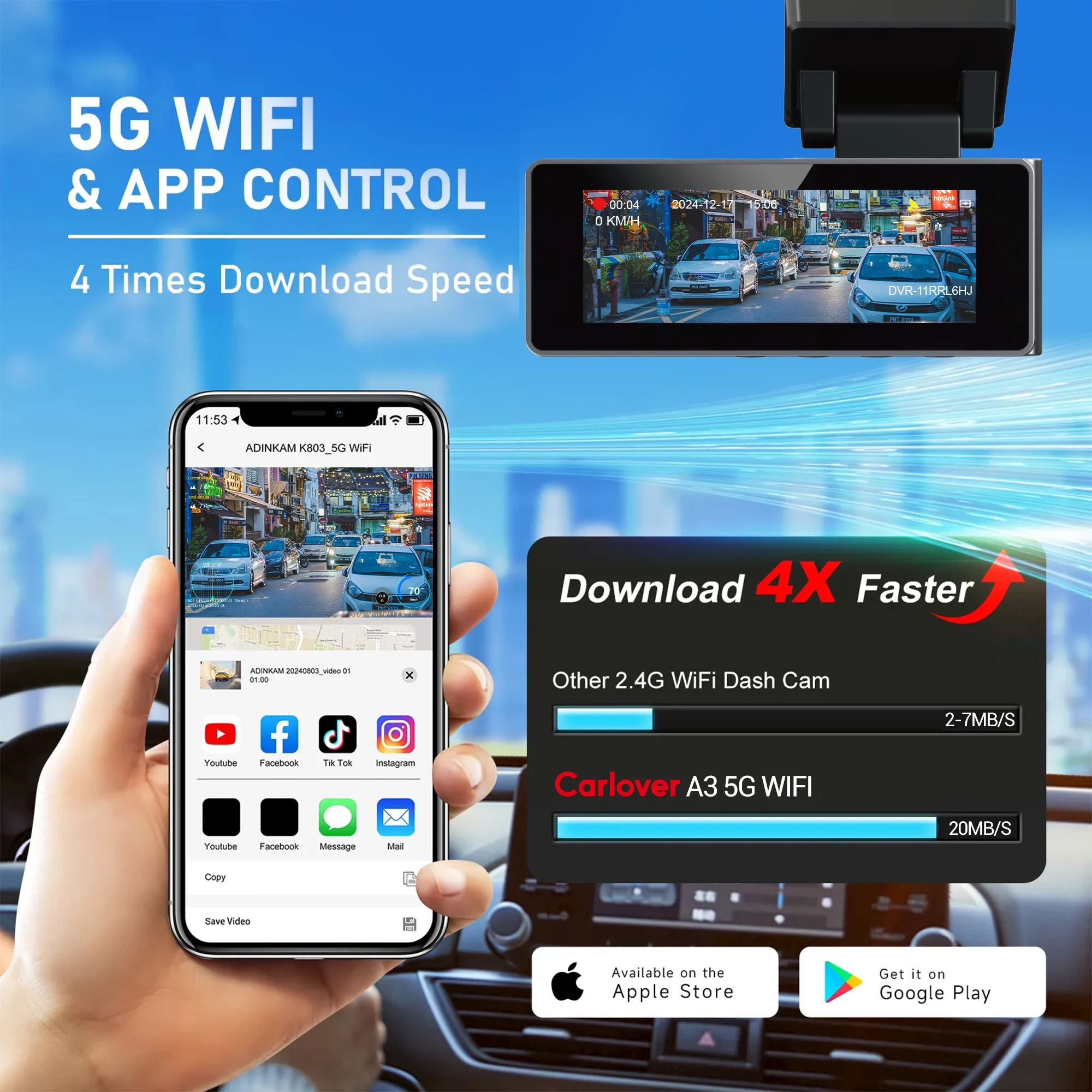 Carlover Dash Vam 5G WIFI GPS 4K Super Night Vision Loop Recording Car Black Box Dash Camera Front and Rear 4K Recording DVR