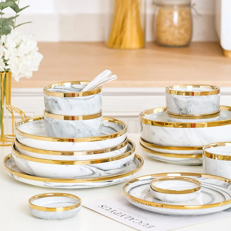 Gold marble dishes and plates set modern fine bone china porcelain ceramic luxury plates dinnerware sets for restaurant home