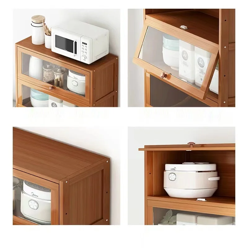 Factory Direct Bamboo Kitchen Floor Cabinets for Tableware Wine Food Rice Cooker Microwave Oven Wooden Storage Shelf