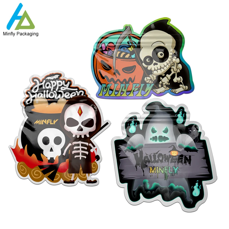 Eco Friendly Recycled Special Custom Shaped Die Cut 7 14 28 3.5g Gummies Childproof Halloween Aluminum Foil Candy Mylar Bag