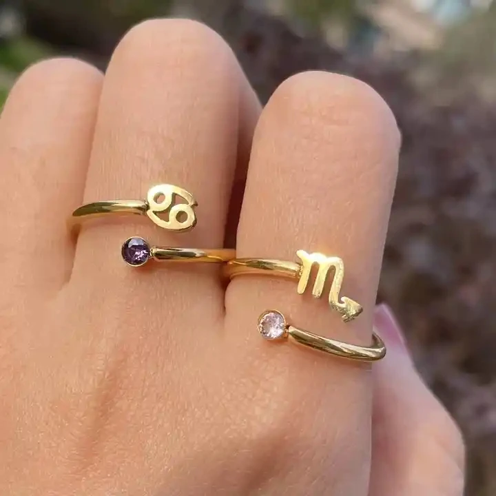 Waterproof 18K PVD Gold Plated Cubic Zirconia Layer Stainless Steel Constellations 12 Zodiac Brirthstone Adjustable Rings