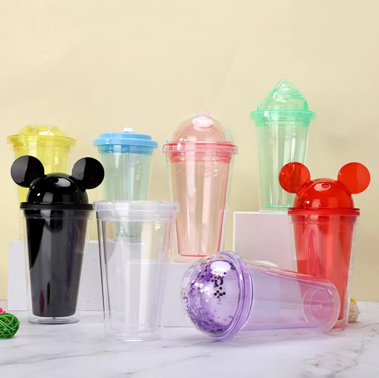 Wholesale cute mouse ear tumbler Plastic water bottle Christmas mickey mouse cup with Dome Lid