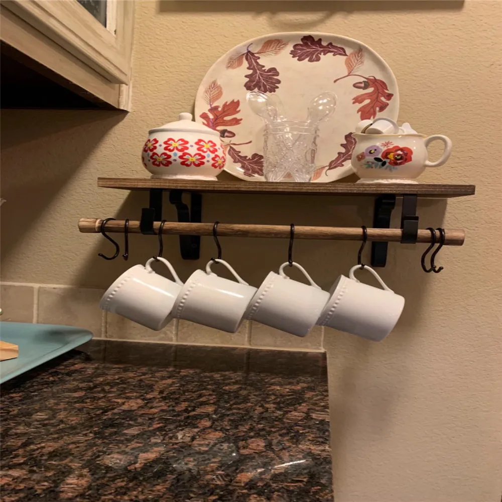 Floating Shelf Wall Shelf For Storage Rustic Wood Kitchen Spice Rack with Towel Bar and 8 Removable Hooks
