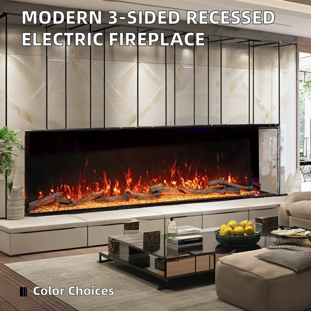 Modern 3-Sided Electric Fireplace 40-100 Inch Recessed Wall Insert for Household or Hotel Use