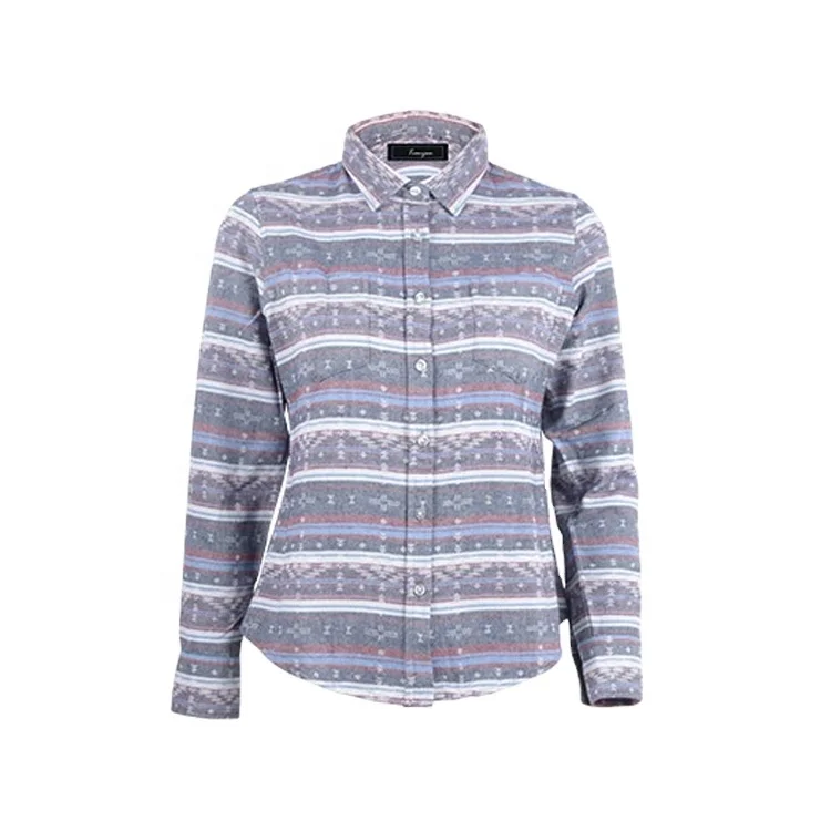 Professional winter beautiful full sleeve cotton jacquard flannel ladies stripe blouse