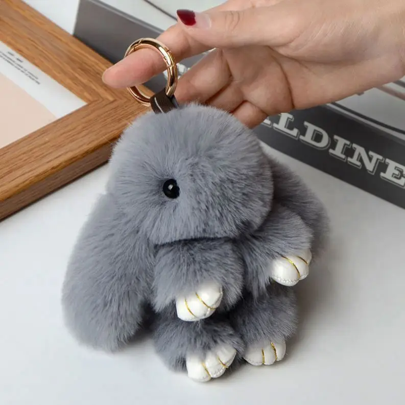 Bunny Plushie keychain toy Cute Soft Faux Fur Fluffy Bunny Pom Pom Key Chain bag charm Pendant Plush Doll Fluffy Rabbit Keychain