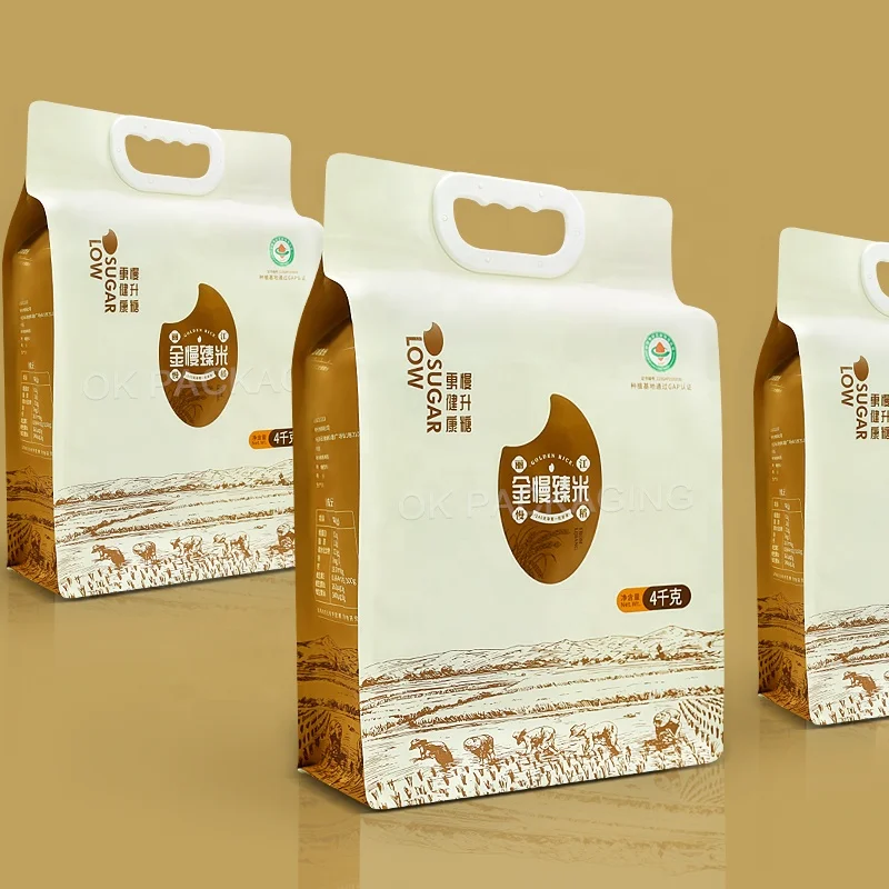 Custom Logo Design 1Kg 2Kg 5Kg 10Kg Food Grade Square Bottom Flat Bottom Pouch Rice Food Packaging Plastic Bags With Handle