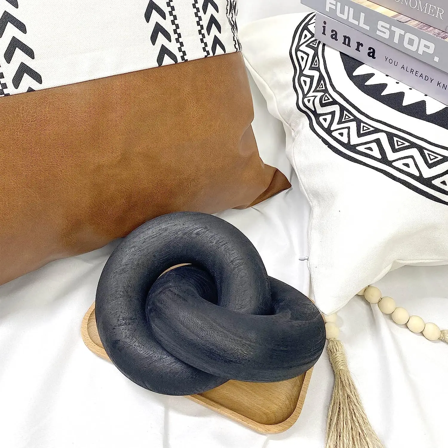 Black 2-Link Wood Chain Link Decor Wood Knot Decor Home Shelf Decor Hand Carved Boho Bead