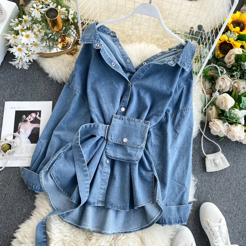 2022 Hot Sale Women Lapel Long Sleeve Denim Blouse Dress Fashion Cozy Denim Shirt Cotton Blouse Tops Fashion Denim Jacket